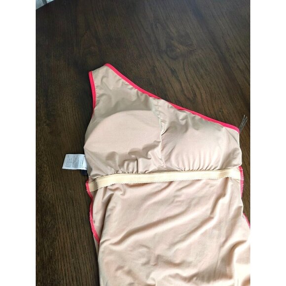 DKNY One-Shoulder Coral & Beige Striped Swimsuit Size 10 Nylon/Spandex - Picture 11 of 12